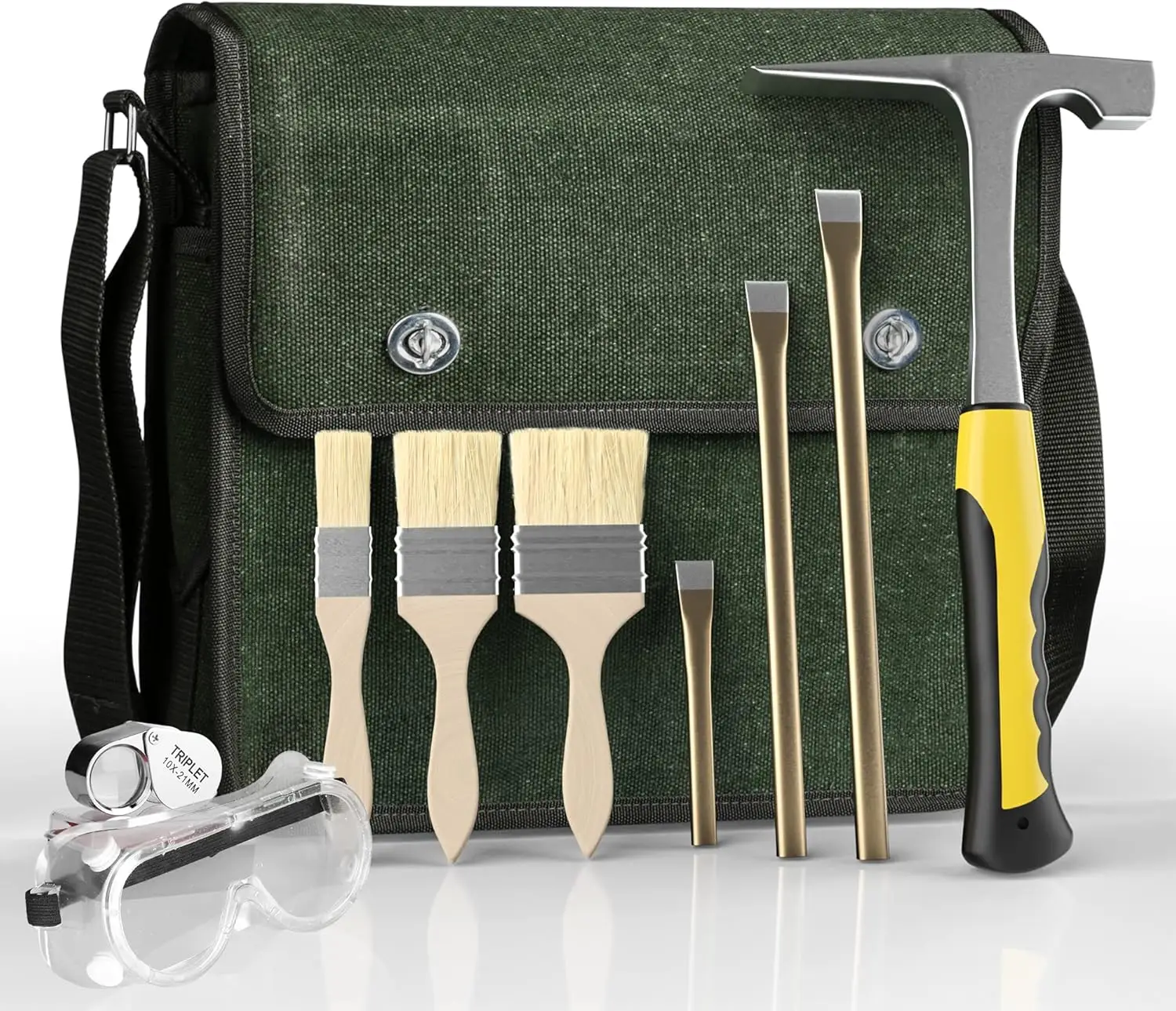 

10PCS Geology Rock Pick Hammer Kit with 32oz Hammer, Chisels, Bag, Loupe, Goggles & Brushes for Rock Hounding