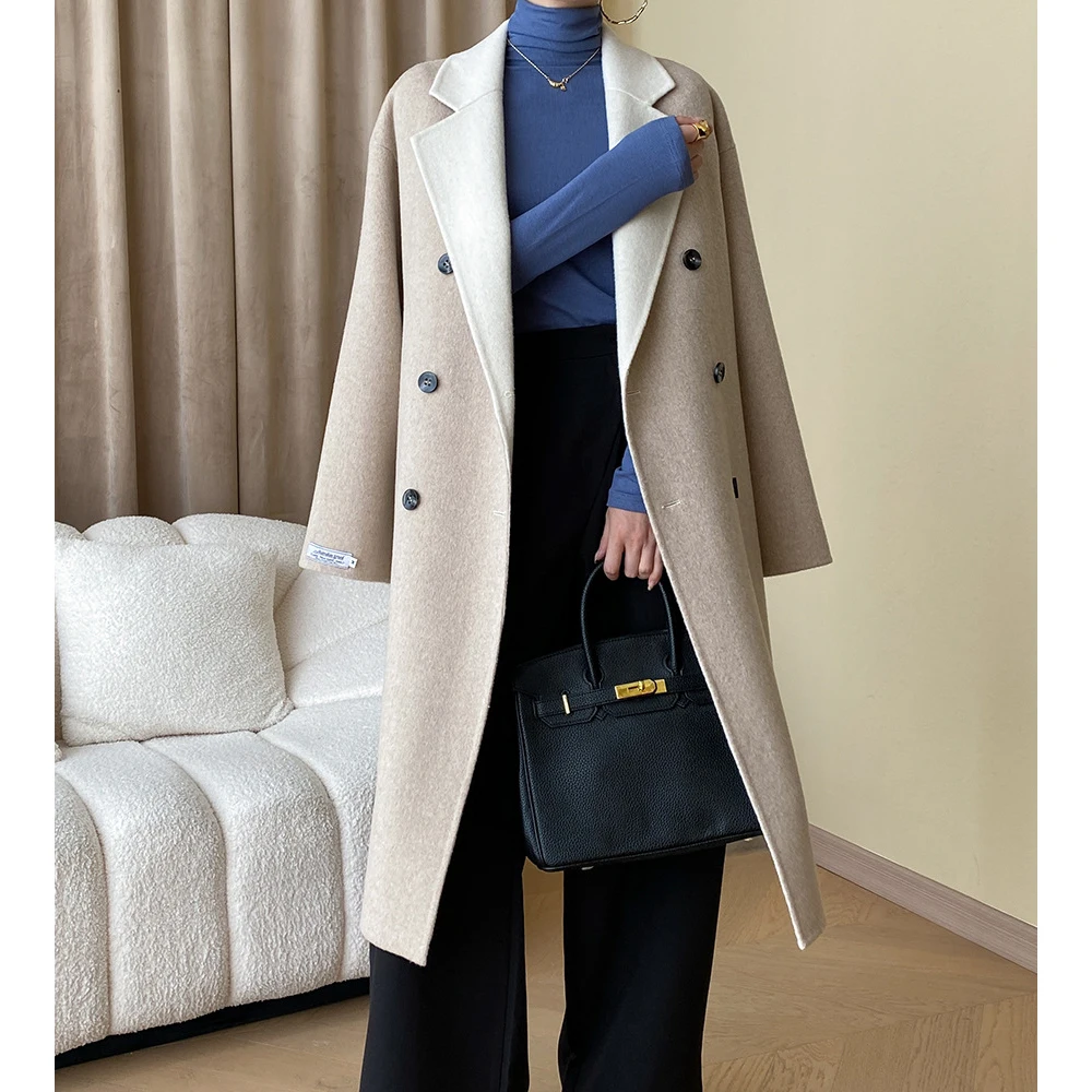 Women Autumn Coats Two Way Wear Drouble Breasted Design 52% Cashmere Long Woolen Coat With Belt Wool Coat Veste Femme Tops