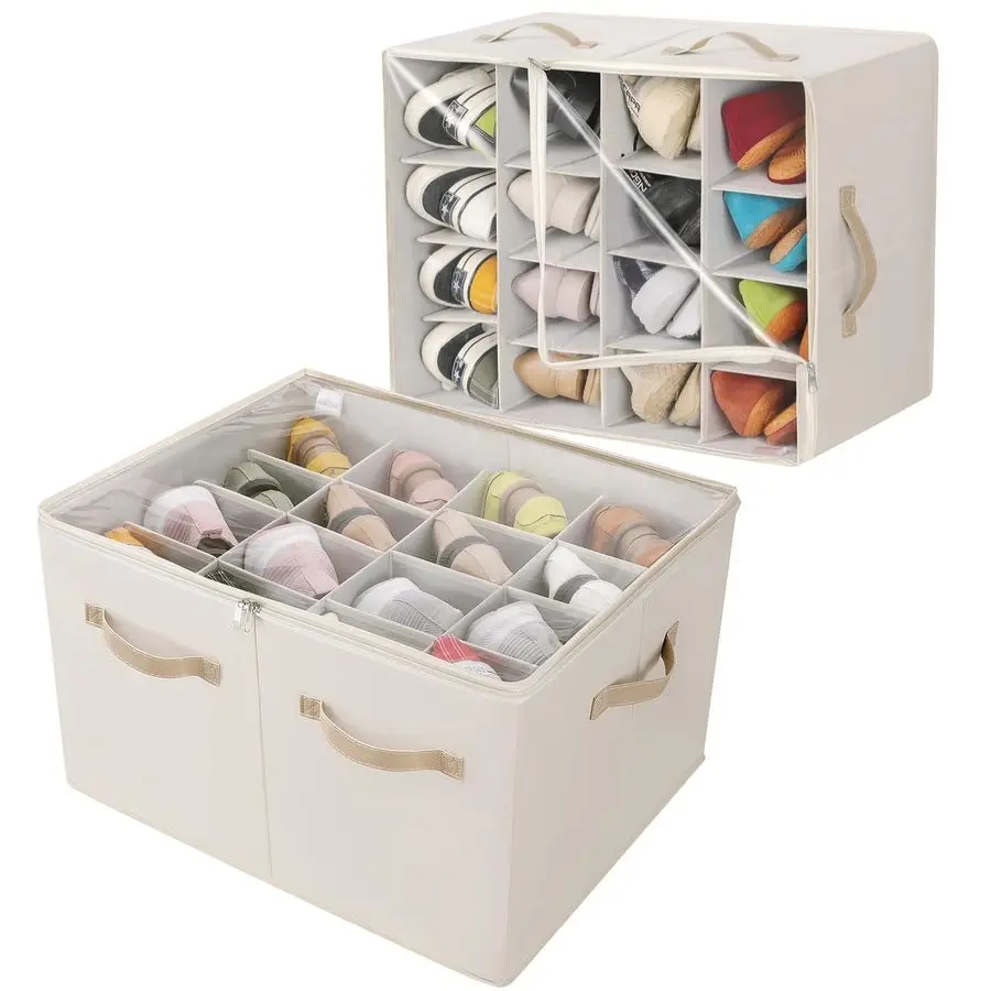 Organizer for Closet 2 Pack, Foldable Shoe Box with Adjustable Dividers and Clear Cover, Space Saving Shoe Storage Organizer Cab