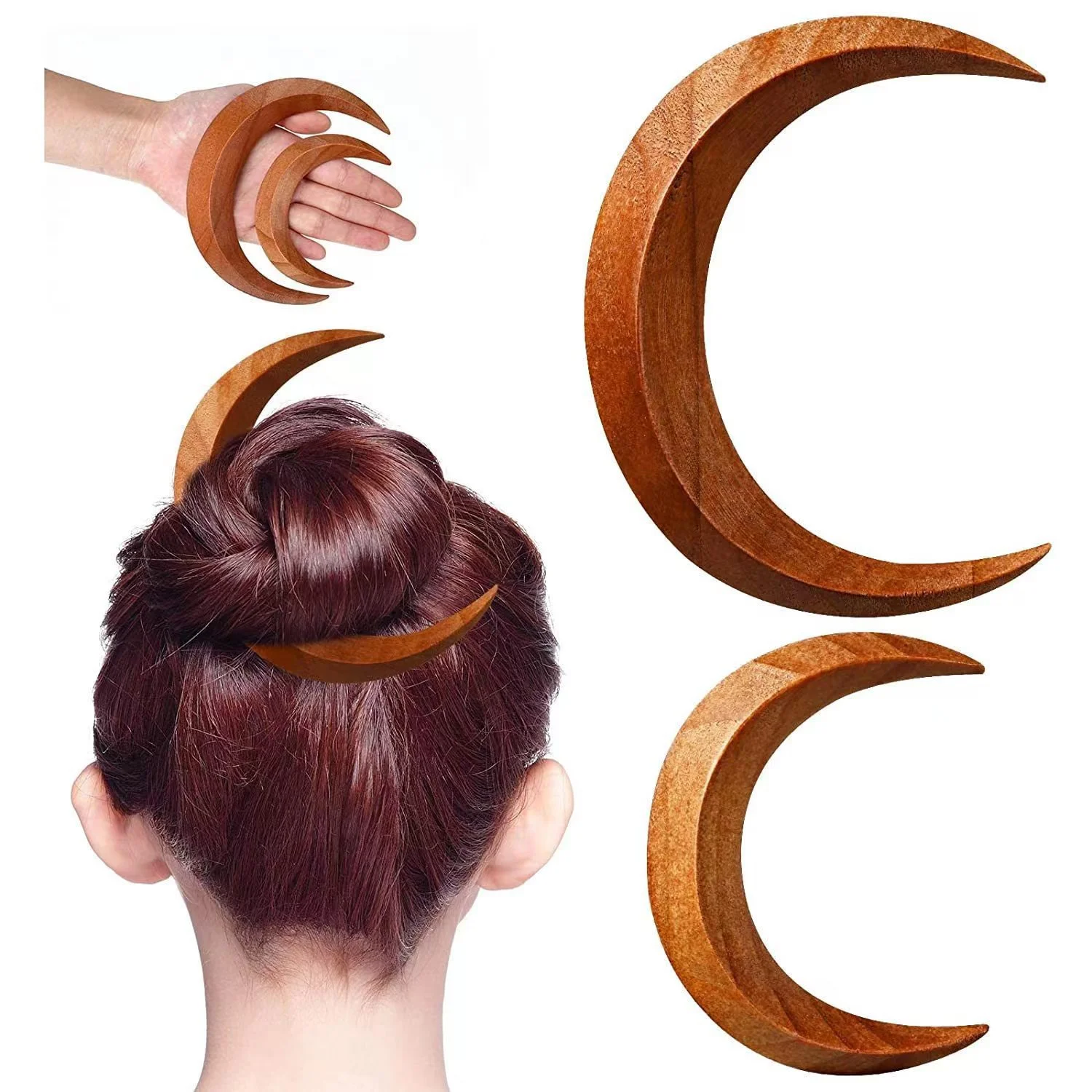 Simple Wood Moon Hair Sticks Hand Carved Wooden Crescent Hair Forks for Women Long Hairpin Comb Styling Fashion Hair Accessories