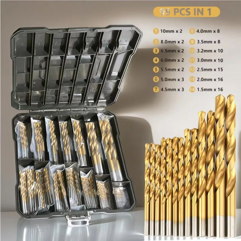 Titanium Coated Twist Drill Bit Set, HSS High Speed Steel, Sharp Cutting for Wood Metal, 1.5-6.5mm, 13Pcs