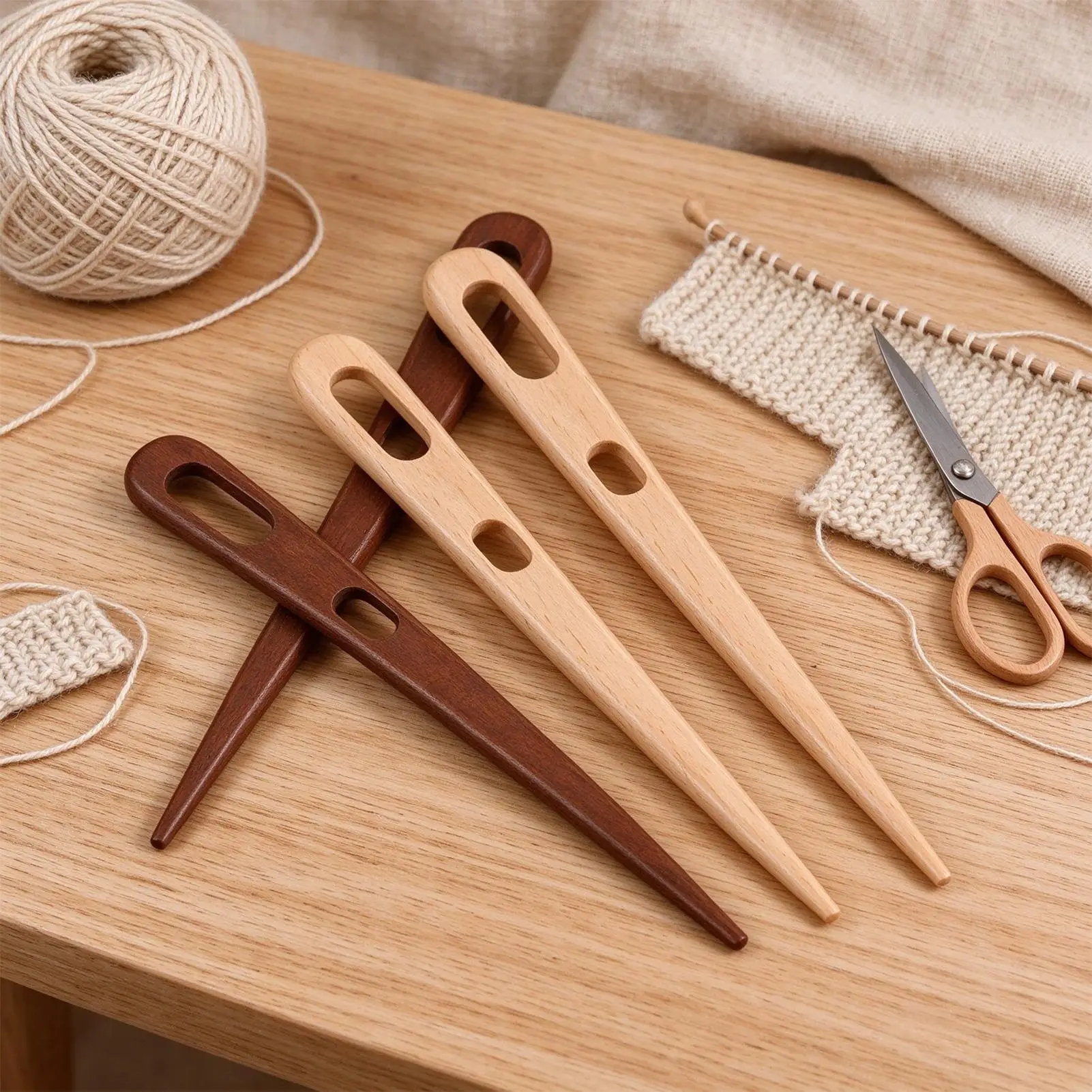 Yarn Needle 4 Pieces Wooden Two-Eyed Tapestry Making Hook Nalbinding Knitting Needle For Darning Weaving Knitting Crocheting