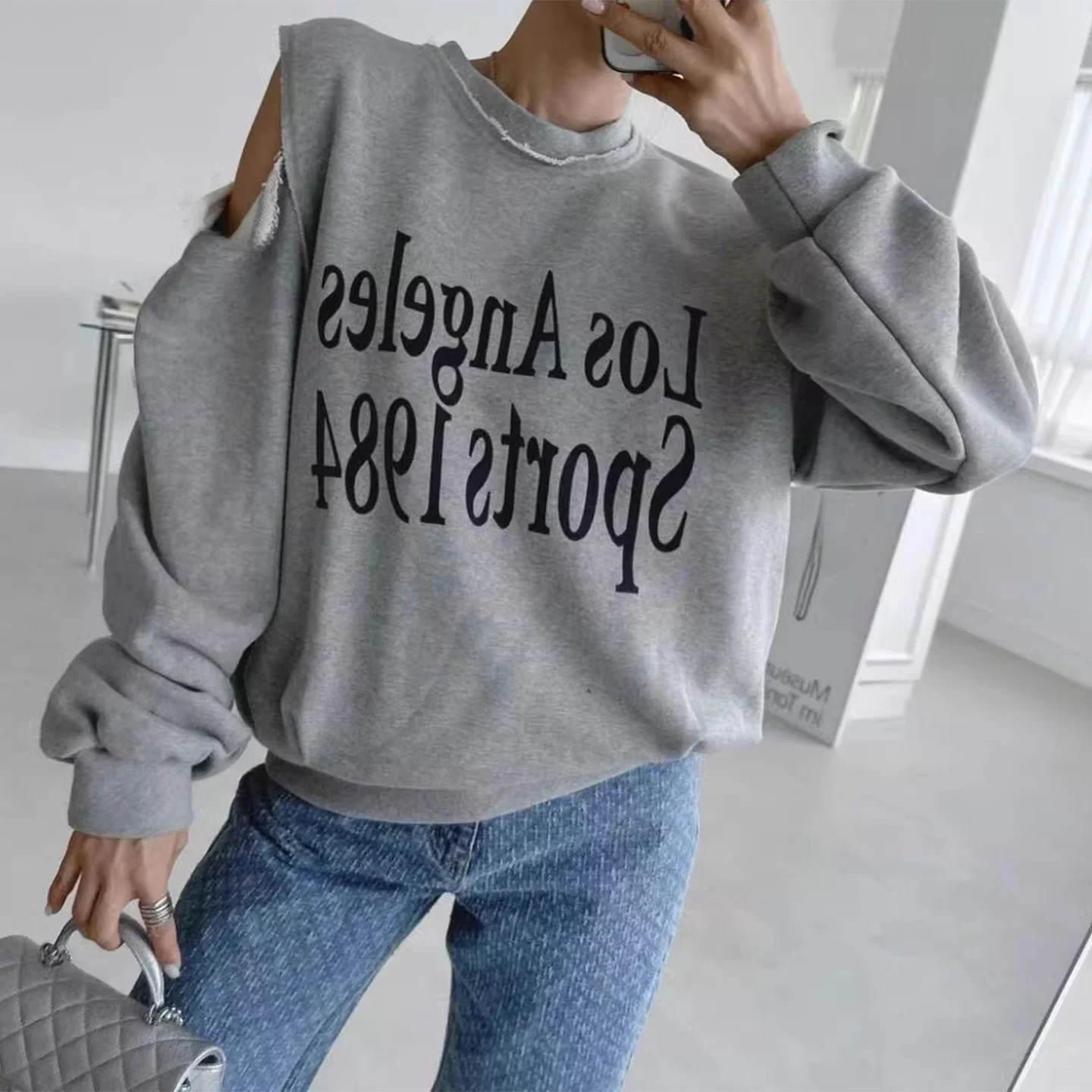 

Loose Long Sve oulder-Open Sweatirt Women's Spring New Design Printed Casual Slimming Top Comfortable Cotton Blend