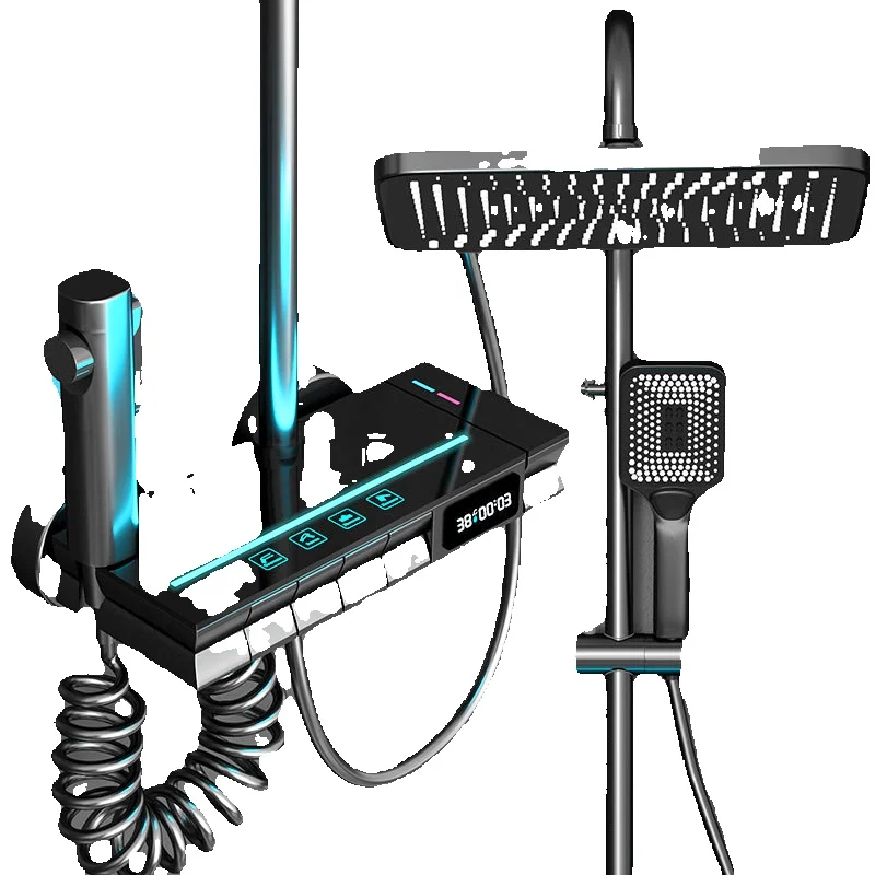 Ensemble de pomme de douche à lumière LED, miroir en laiton, robinet de baignoire thermostatique, affichage électronique, douche chaude et froide