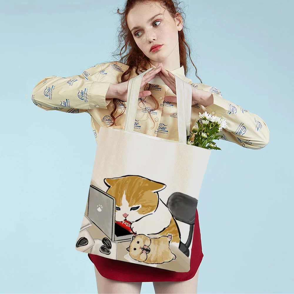 Fashion Kawaii Funny Cat Hamster Women Tote Handbag Animal Print Canvas Foldable Reusable Cloth Lady Shopping Shoulder Bag