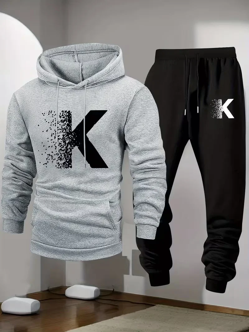 2026 New Men's Minimalist Hoodie Fashionable printed set suitable for casual and warm sportswear in spring autumn and winter view 6
