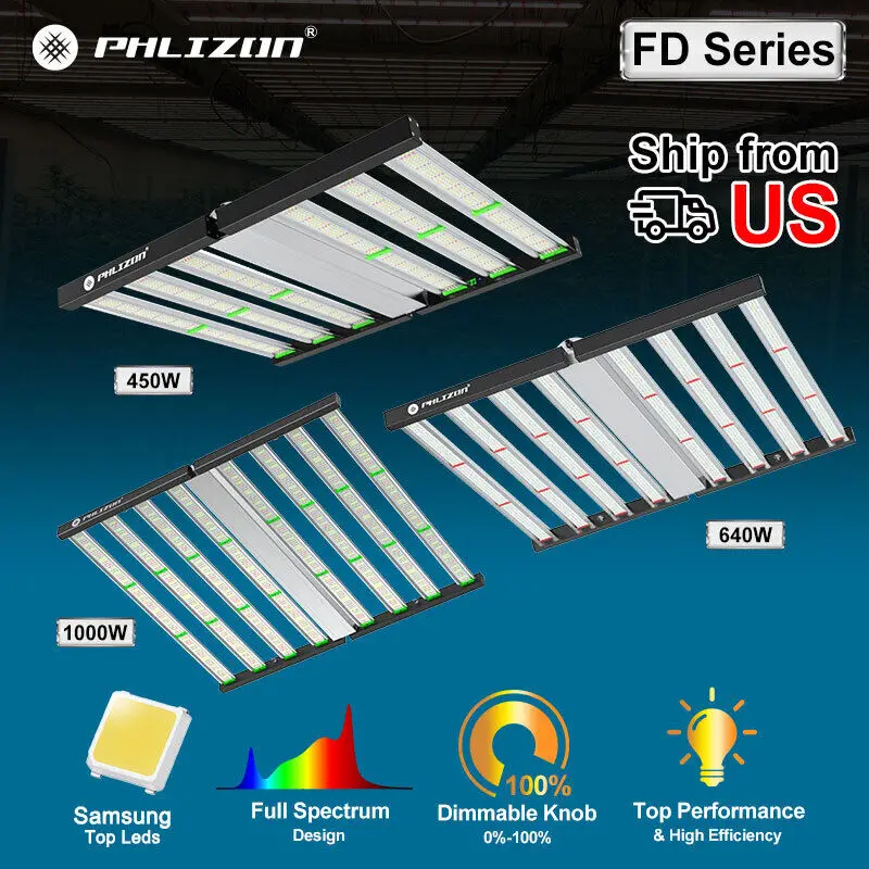 Phlizon 1000W 640W 480W Dimmable Full Spectrum LED Grow Light Bar Samsung Chips Foldable Grow Lamp for Indoor Hydroponics Plants