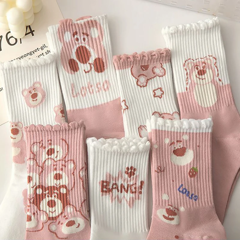 

7 pairs Disney Lotso socks,cute pink strawberry bear socks ，teenager fashion cotton socks