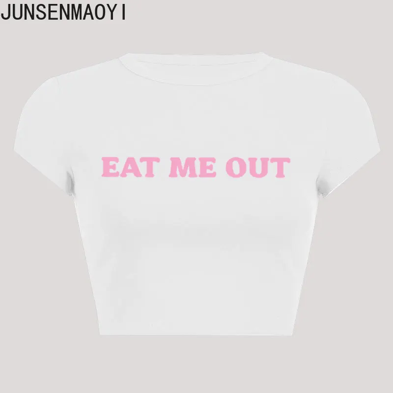 Eat Me Out Print Pattern Summer Short Sleeve O Neck Solid Color Cropped Navel Women Crop Tops Fashion T-Shirt