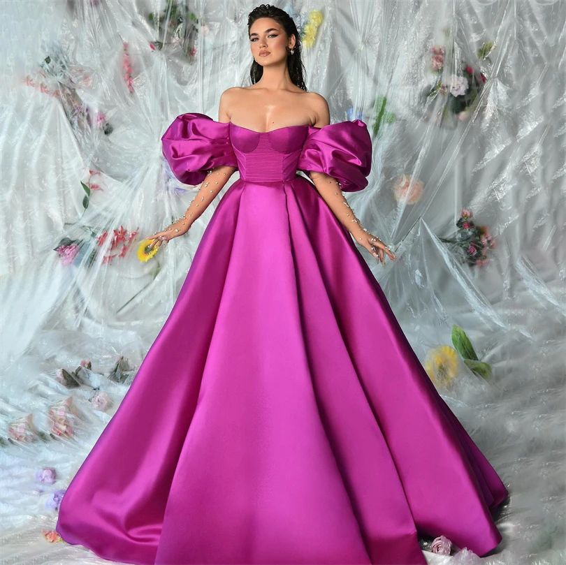 

Pink Satin Elegant Formal Evening Dresses Off Shoulder Pleats Backless Puff Sleeves Prom Dress Pageant Party Gowns No Gloves