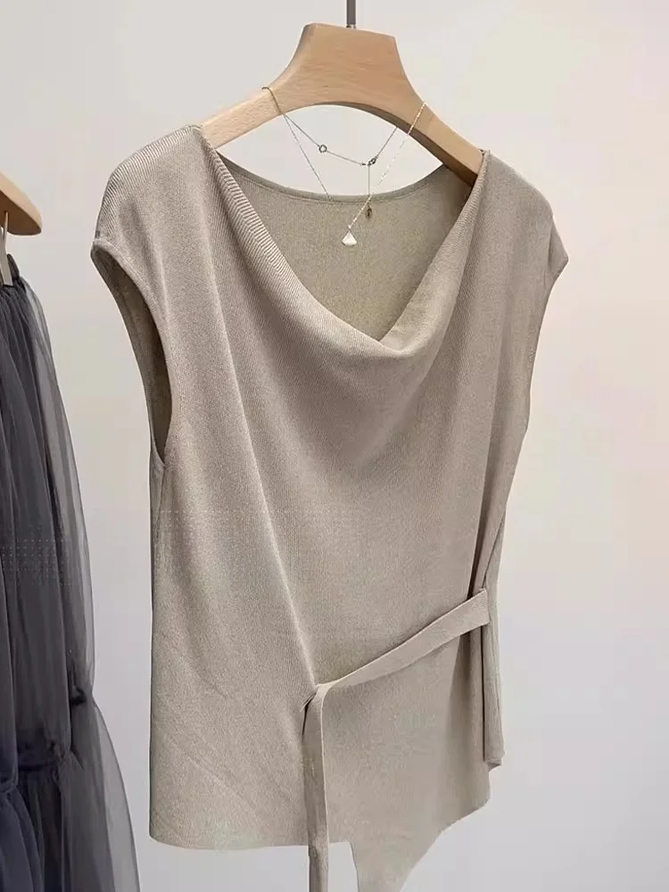 

Корейская трикотажная футболка из ледяного шелка, женская летняя дизайнерская футболка с завязками на талии, круглый топ без прямого кроя для поездок на работу...