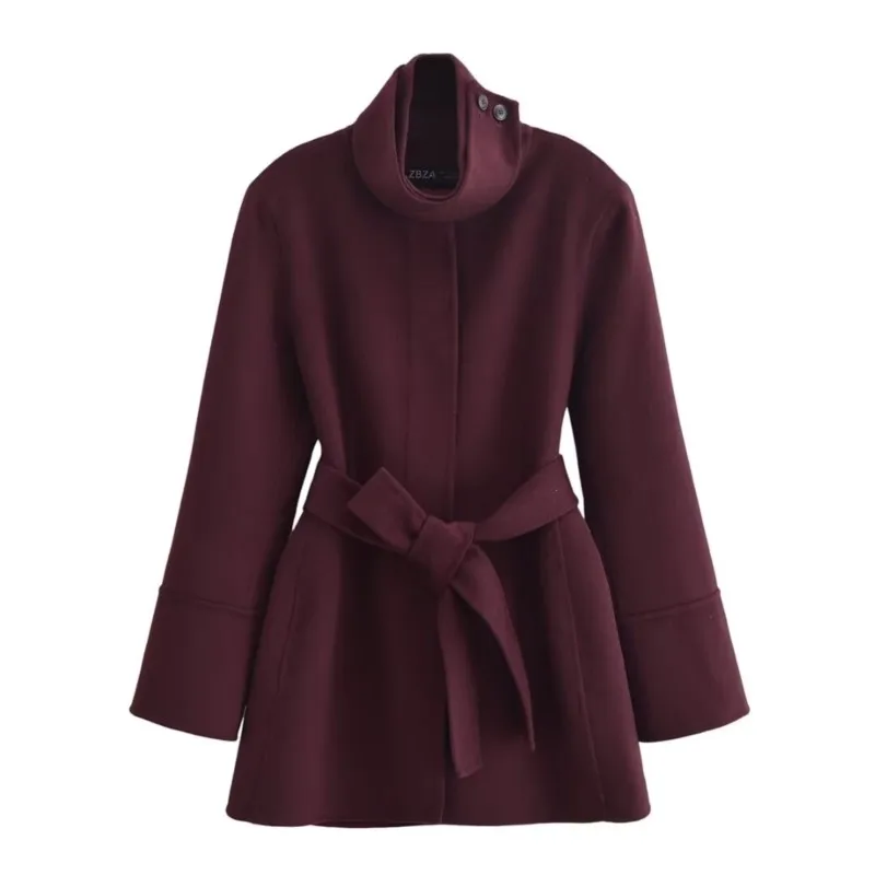 TRAF Belt Overcoat for Women Clothing Casual Long Sleeve Imitation wool blend Scarf collar Outercoat Female Coat