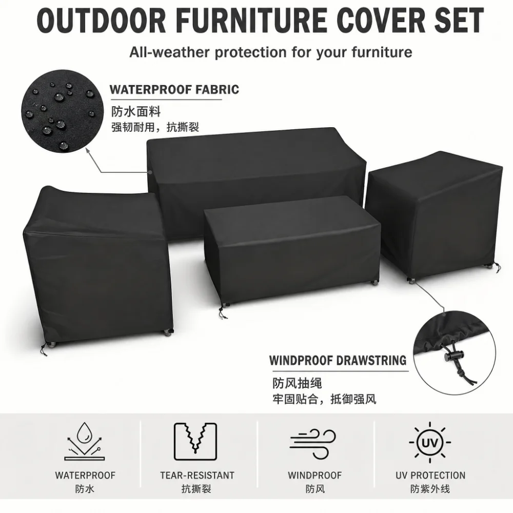 Heavy Duty Waterproof Patio Furniture Cover Rectangular Garden Rain And Snowproof Outdoor Sofa Table And Chair Windproof Cover