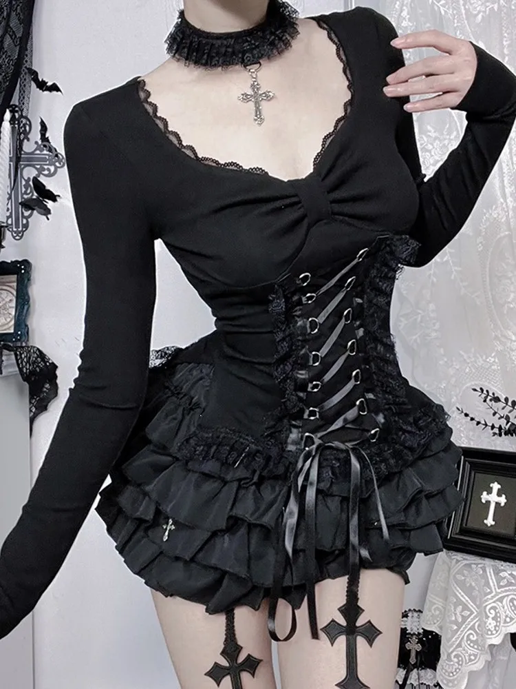 Women Black Gothic Style Summer Long Sleeve T-shirt Woman Lace Up Tops Gothic Elegant Work Shirt Top Blusas Mujer De Moda