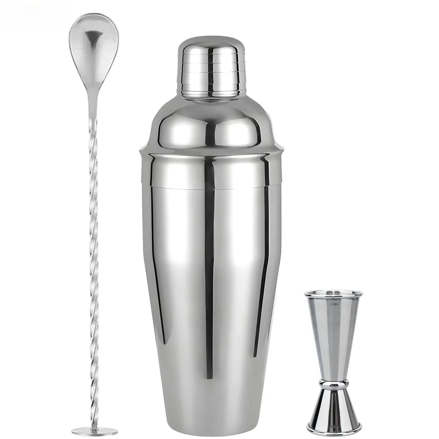 1 Pack Beginner Silver Cocktail Shaker Set 24oz Drink Mixer With Strainer Measuring Jigger Mixing Spoon And Recipe Guide
