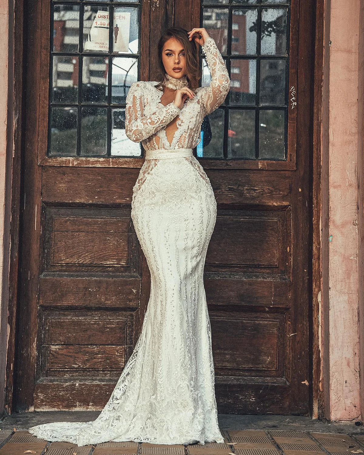 Vestidos de casamento sereia vintage para mulheres, gola alta, mangas compridas, apliques de pérolas, vestido de noiva, saia Sweep Train, personalizado