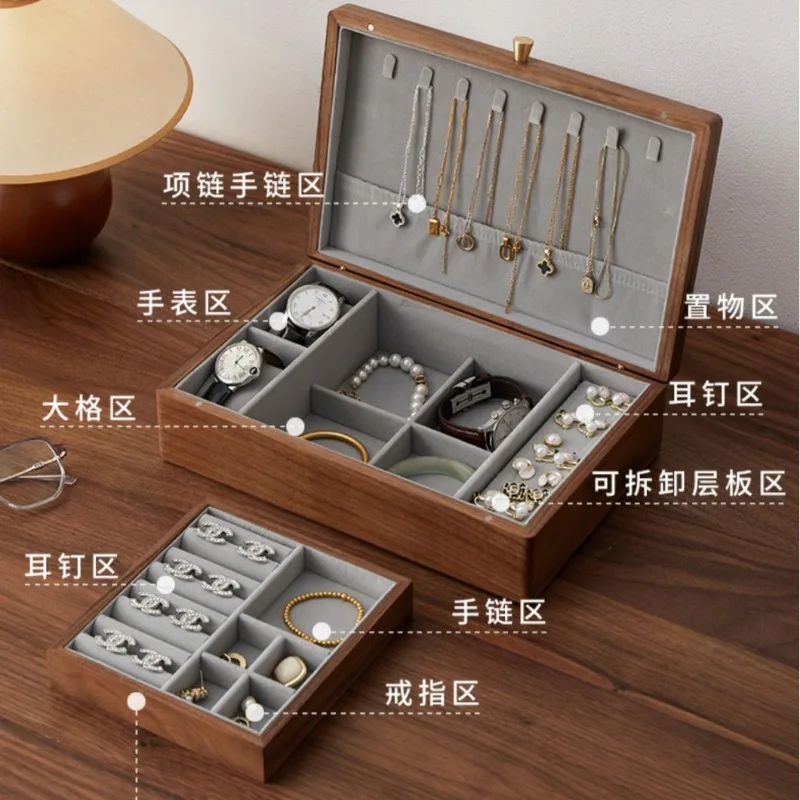 Black Walnut Solid Wood Jewelry Box Multi-Compartment Organizer for Rings Necklaces Earrings Home Bedroom Vanity Gift for Her