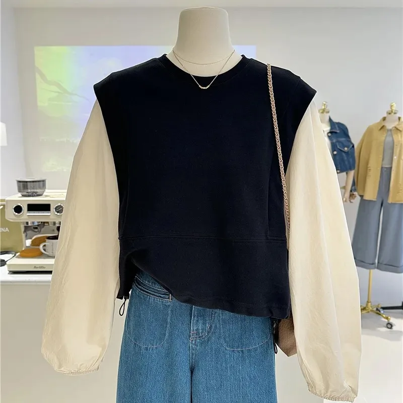 Moda otoño nuevo falso dos piezas Casual estilo occidental camisa manga Top Casual suelto cuello redondo versátil sudadera Mujer