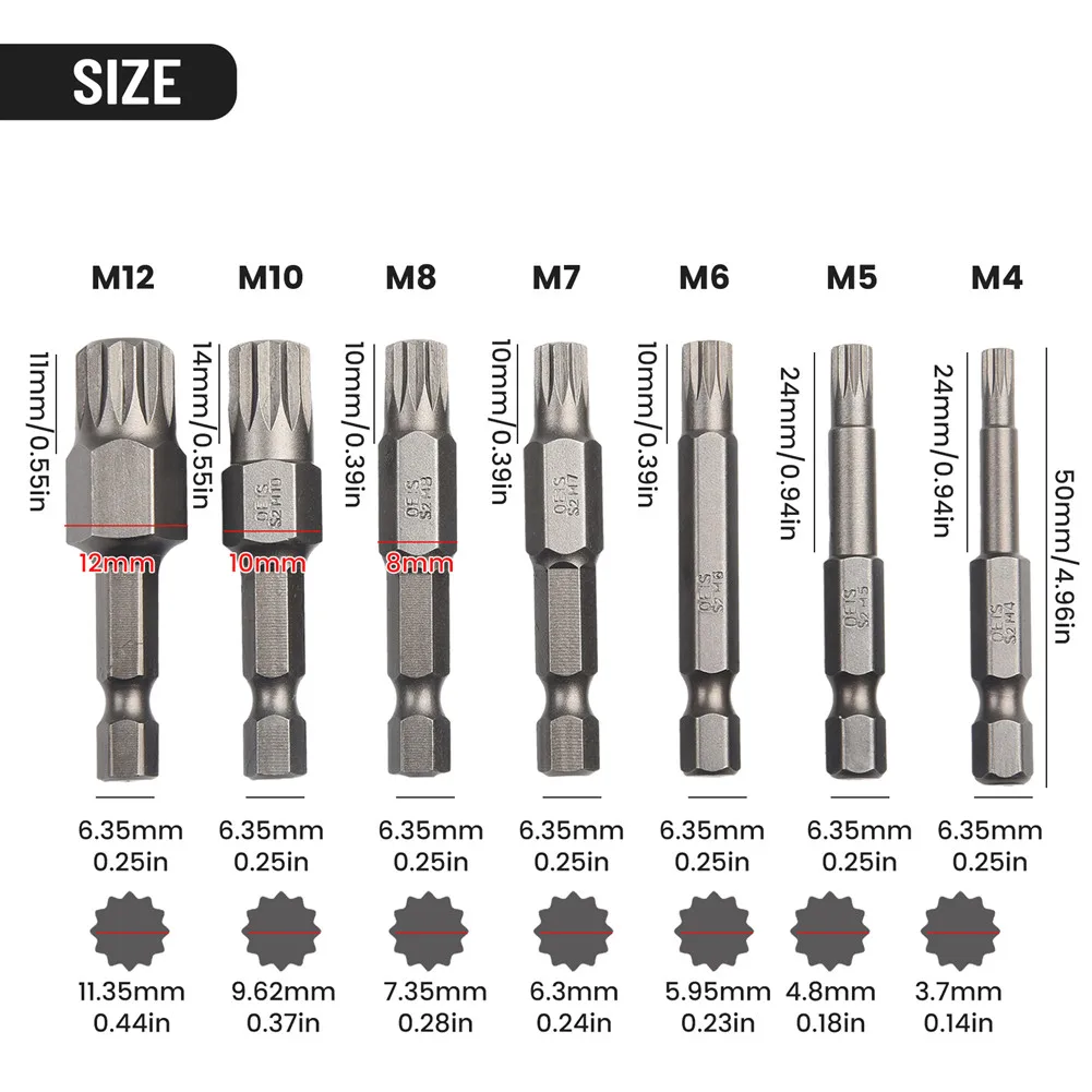 7Pcs Spline 12 Point Torx Screwdriver Bit 1/4\'\' Hex Shank Wind Drill Head 50mm Screw Wrench Magnetic M4 M5 M6 M7 M8 M10 M12