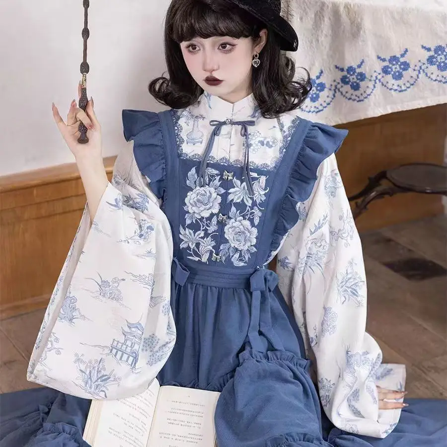 

The Combination Of Hanfu And Modern Clothing Lolita Blue Overskirt Ming Hanfu Stand Collar Long Gown Jiangnan Qinghua Porcelain