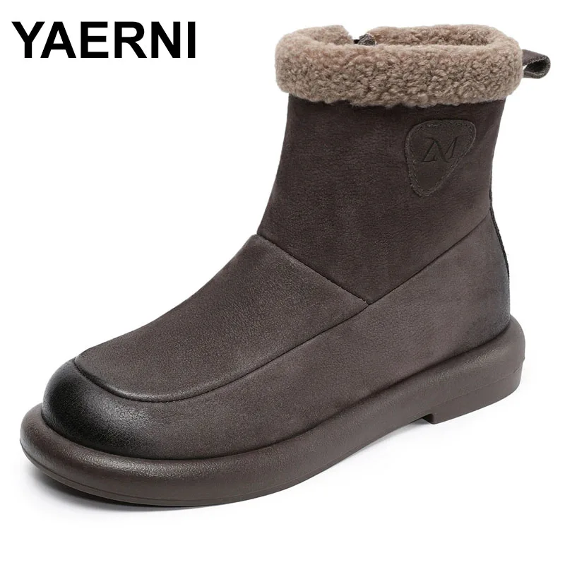 

Warm Fce Lined Thi Boted Leather Snow Boots Women's Flip Cotton Boot Winter Ankle Boots round Toe Rubber Sole