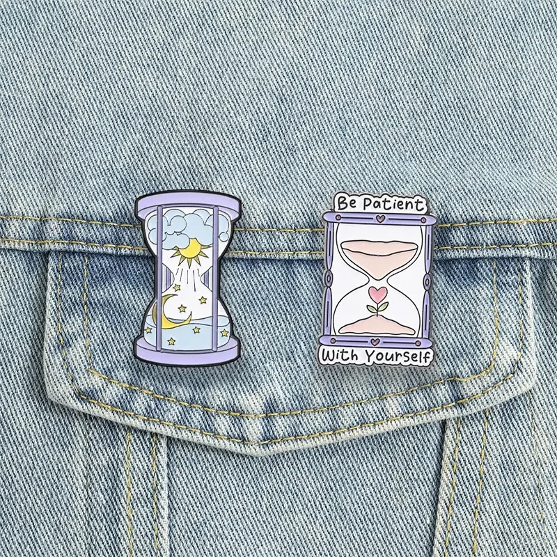Hourglass Enamel Pins IBe Patient With Yourself Sun Moon Star Brooches Mental Health Badges Self Care Jewelry Gift for Friends