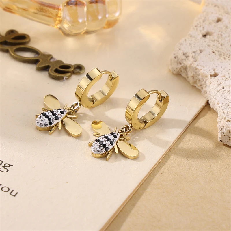 Cubic Zirconia Little Bee Stainless Steel Earrings For Women Girls Fashion Party Wedding Drop Earrings Simple Fashion Jewelry