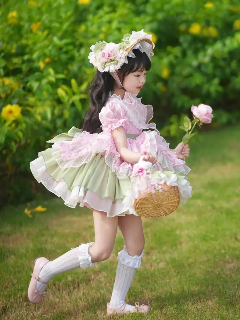 Baby Toddle Girls Autumn Summer Sweet Lolita Lace Floral Princess Ball Gown Cake Layed Dress Skirts Birthday Party Childrens