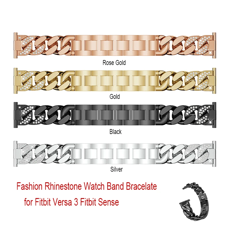 Metal Diamond Smart Watch Band Straps For Fitbit Sense Versa 3 Women Girls Elegant Stainless Steel Bracelet Wrist Belt