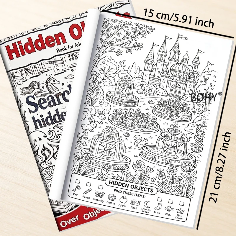 Quiet Art Coloring+Searching for Puzzles, A5 Size, Suitable for Adults and Elderly, 28 Pages, Brain Training Stress Relief Gift