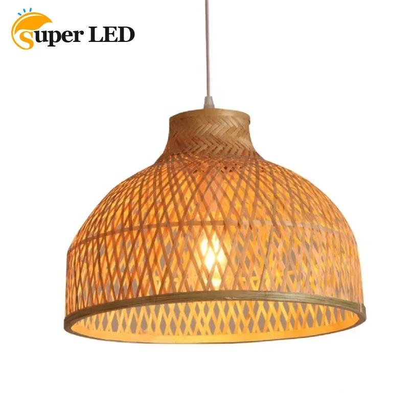 

Handmade Woven Bamboo Pendant Lights Semi-embedded Hanging Light Fixture for Bedside Study Balcony Restaurant Deco Lighting Lamp