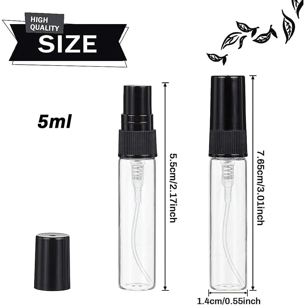 30PCS 5ml Mini Fine Mist Spray Bottle Transparent Glass Travel Empty Atomiser Spray Bottles with Black Pump Lid for Perfume,