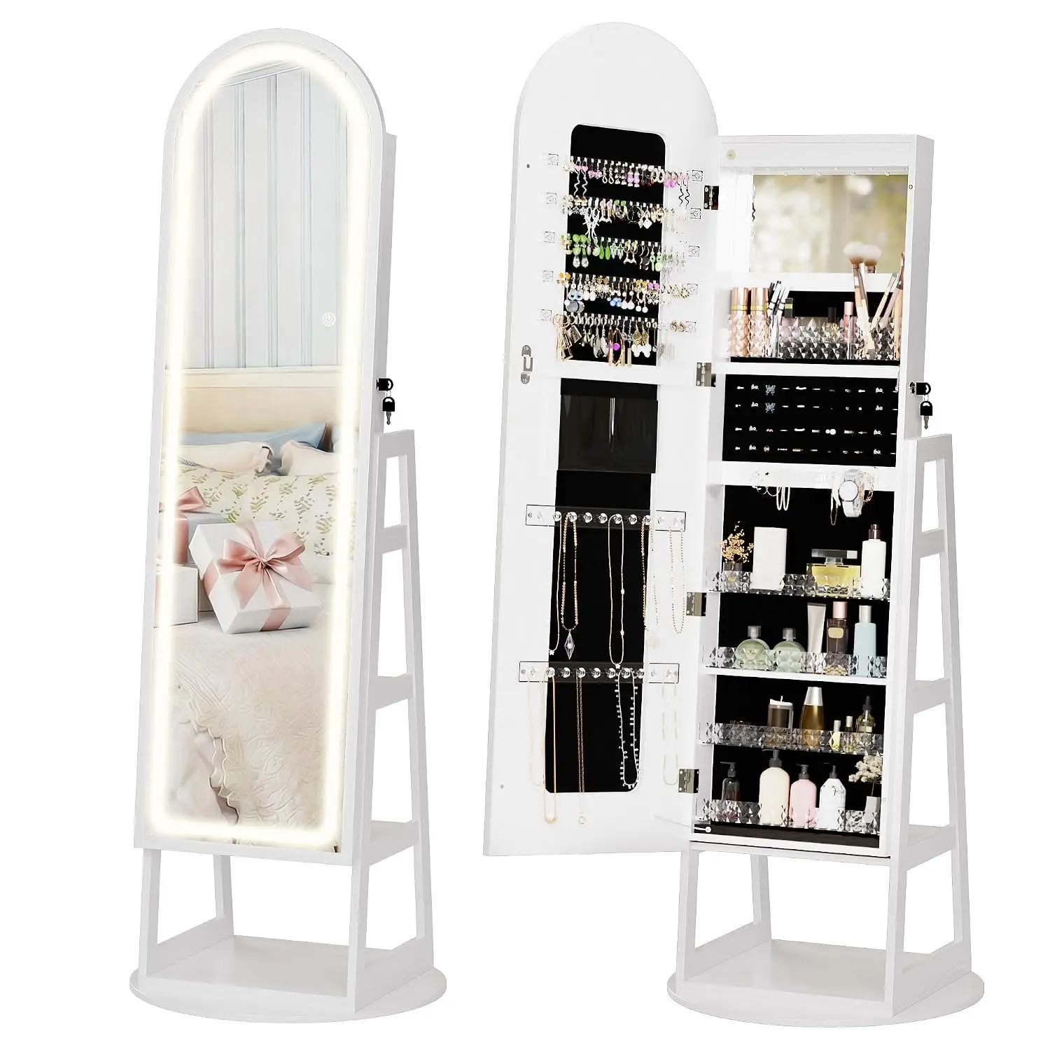 LED Lockable Mirror Jewelry Armoire with Dimmable Light & Multi-layer Storage, Space-saving Floor Standing, Customized