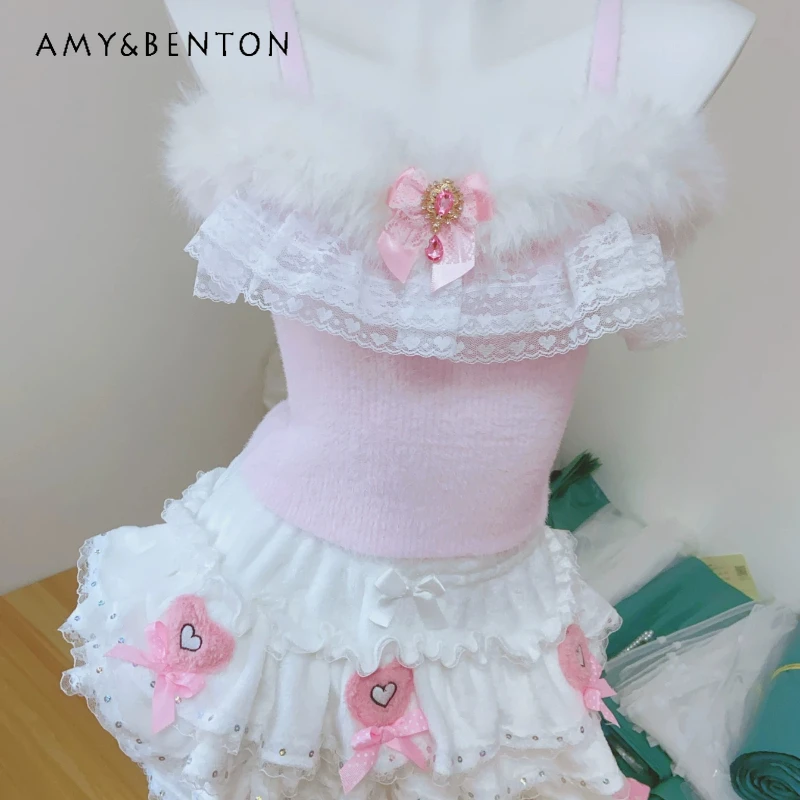 

Spring Autumn New Women's Short Skirt Set Original Design Japanese Sweet Cool Cute Plush Lace Splicing Sling Vest Skirts Ladies