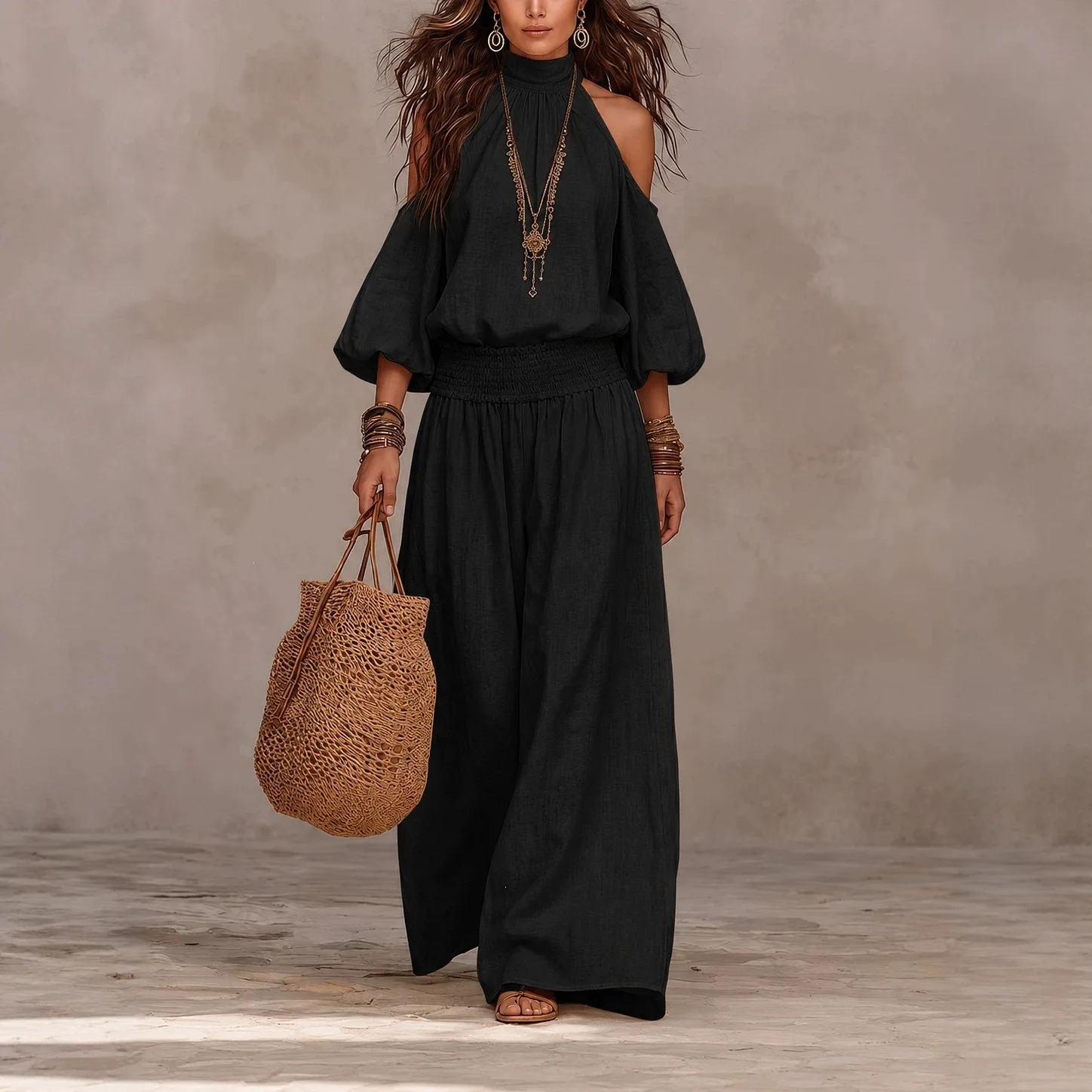 2026 Summer Women's Fashion Casual Round-Neck Loose Long-Sleeve Hollow Top And Ruched Long Pants Set