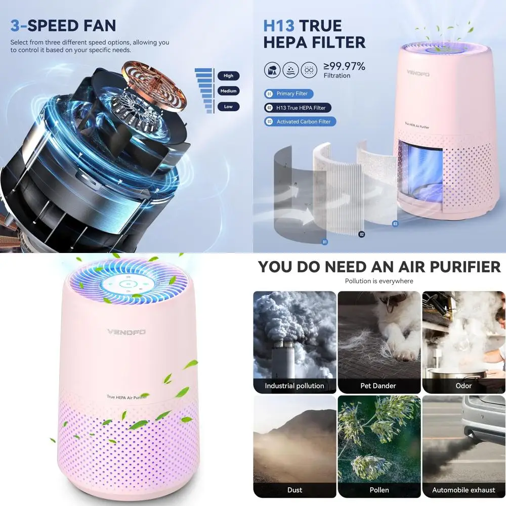 

Ультратихий очиститель воздуха H13 HEPA для спален, охватывает площадь 1074 кв. футов, 360° охват. ° Вентилятор для дома и животных (кремово-розовый)