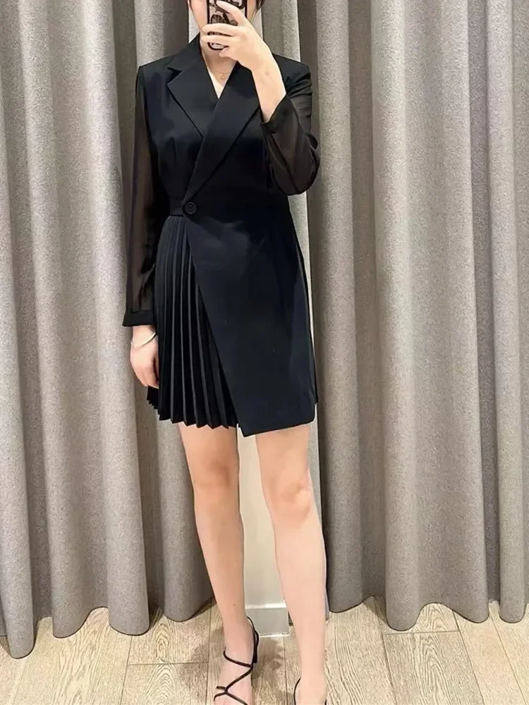 

Black Women Mesh Long Sleeves Mini Dress Single Button Pleated Notched Casual Early Autumn 2024 Ladies Offices Short Robe