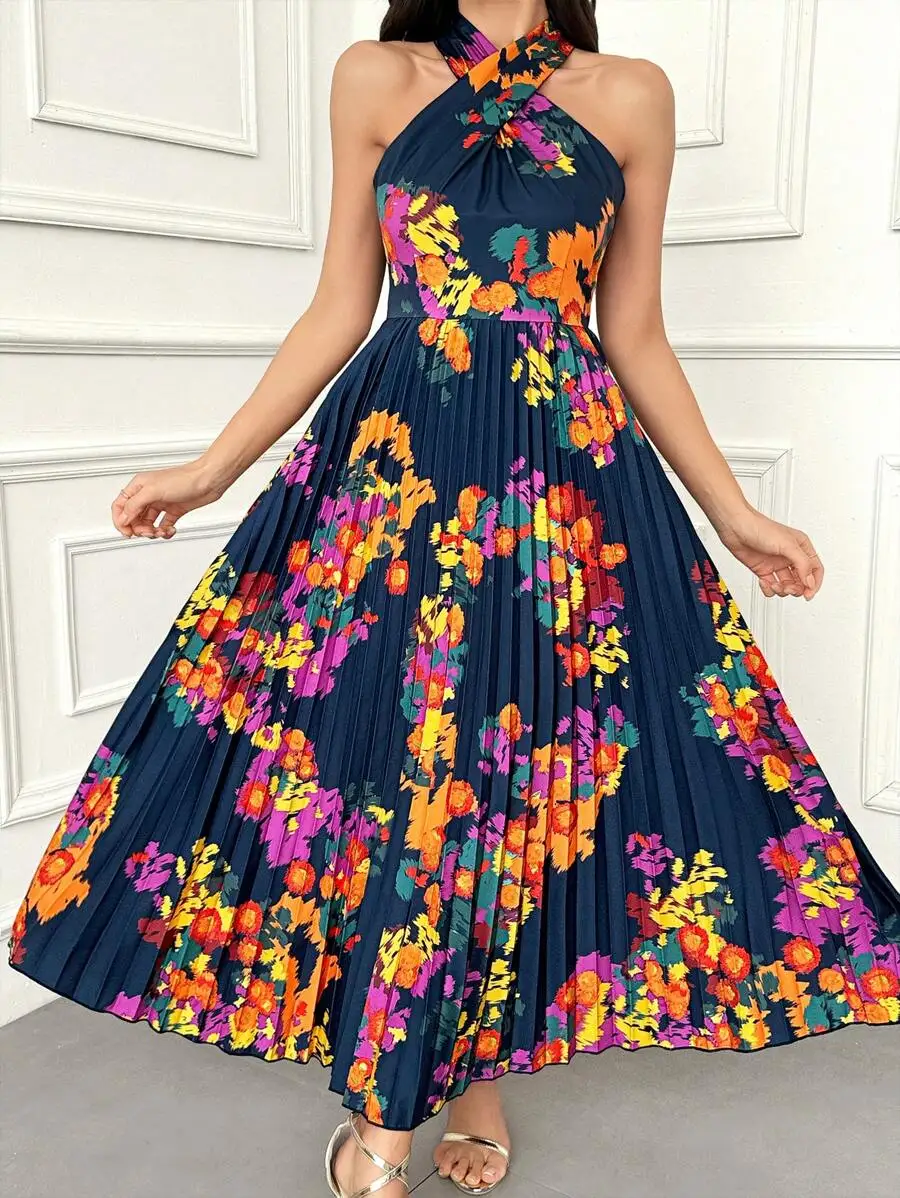 

Elegant Sleeveless Halter Neck Floral Print Pleated A-Line Floor Length Evening Dress