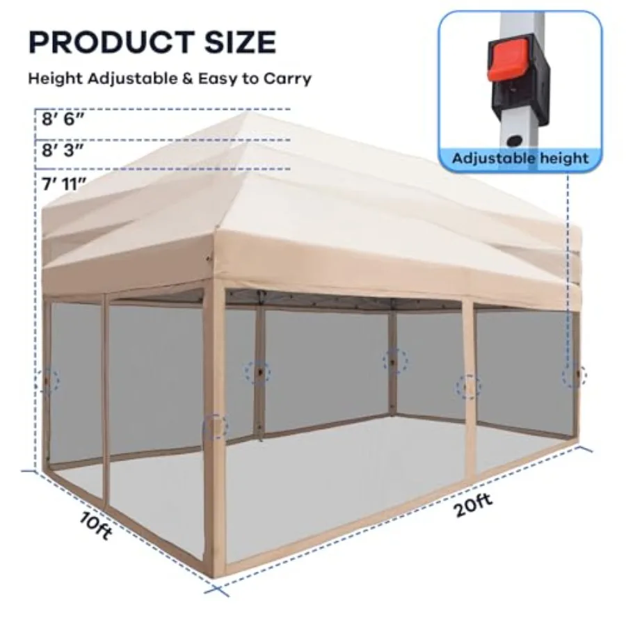 10x20 Pop Up Canopy Tent with Mosquito Netting, Beige Steel Frame, Portable, Waterproof, UV Protection. Ideal for Camping, Part view 2