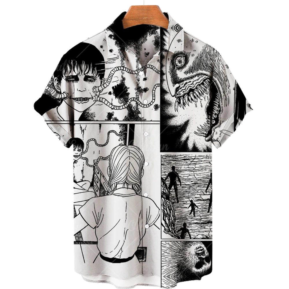 Japanese anime pattern shirts 2023 summer new men\'s shirt 3D printing horror print Hawaiian clothing personalized design men top