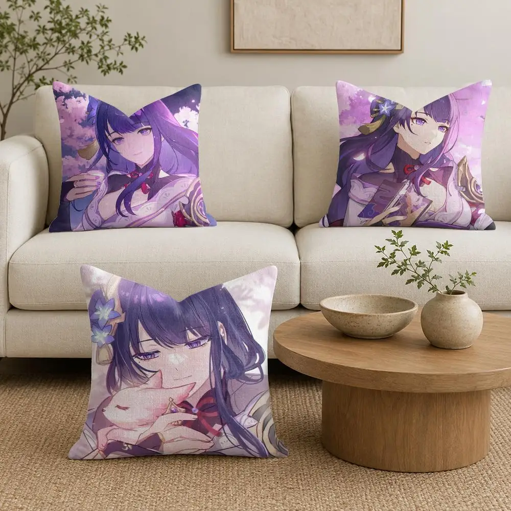 Genshin Impact Raiden Shogun Cushion Cover Plush Fabric Soft Double-Sided Printed Sofa Warm Winter Home Gift Pillow Cover
