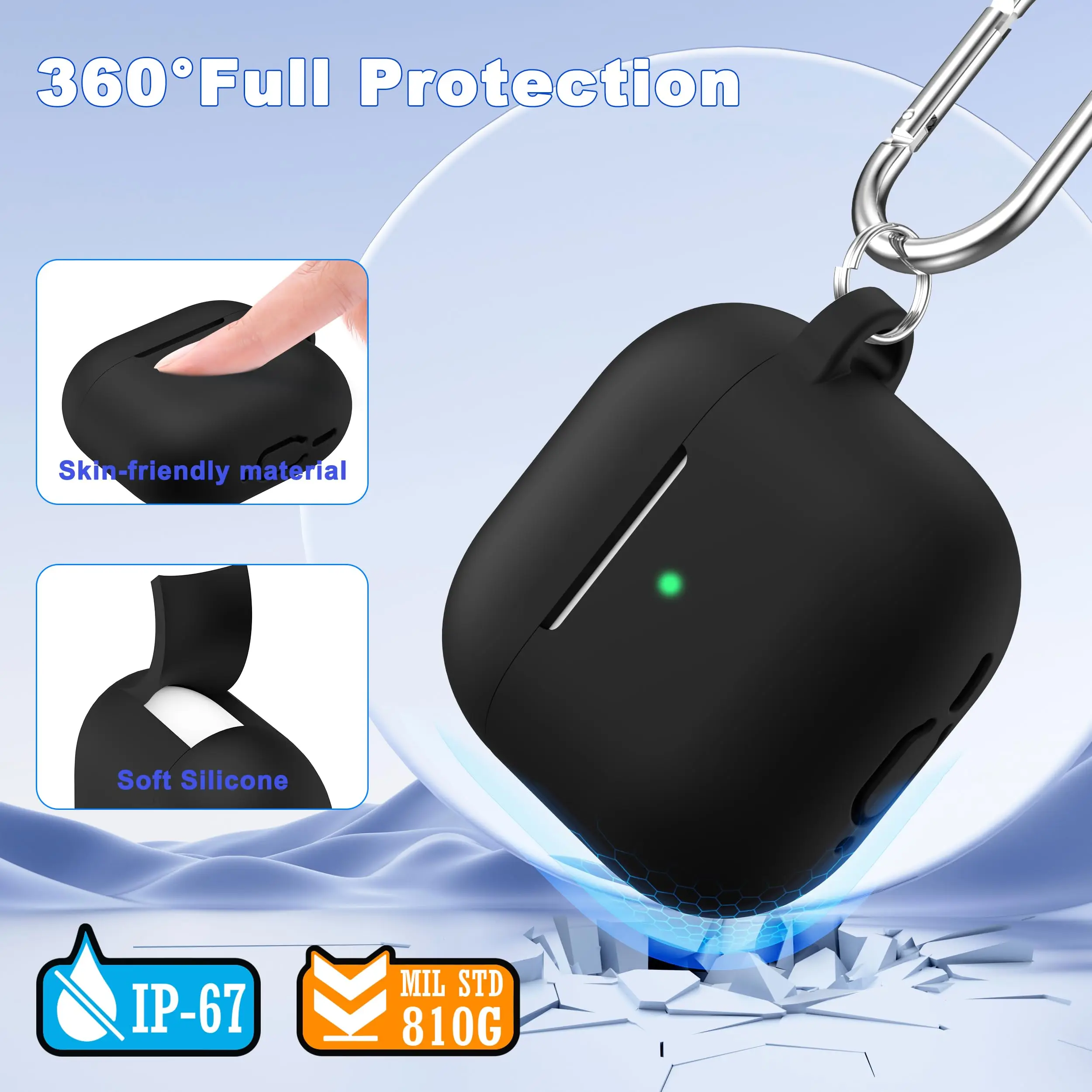 Funda protectora de silicona suave para AirPods 4 Generation 2024, funda con llavero y kit de limpieza, color azul cielo