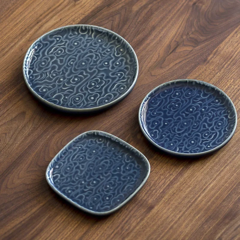 Ceramic Tea Tray Ceramic Dry Bubble Plate, Pot Holder, Embossed, Retro, Home, Fruit, Refreshment Tray Coaster