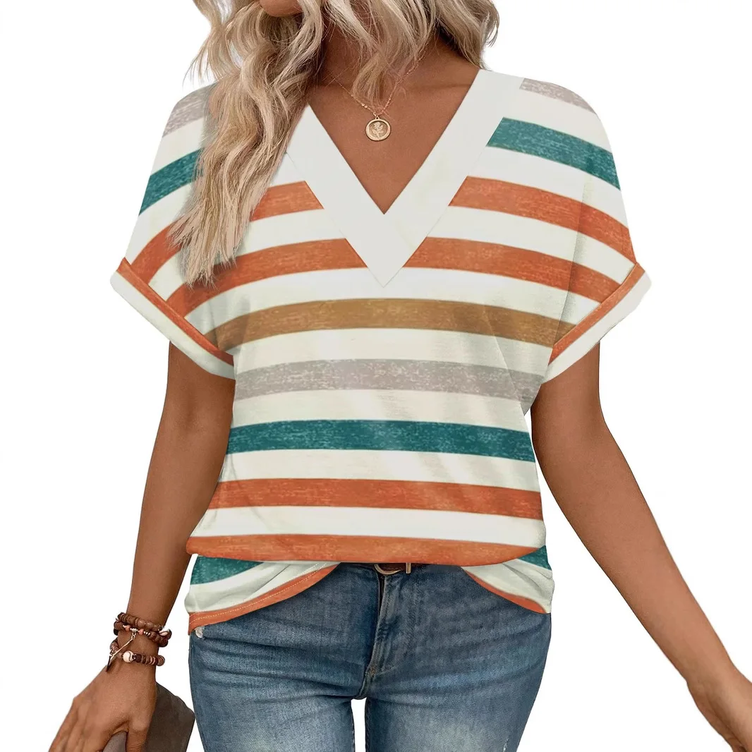 Summer Women's Pattern Round Neck Striped Multi-color Short Sleeve Overseas Hot-selling T-shirt Tops