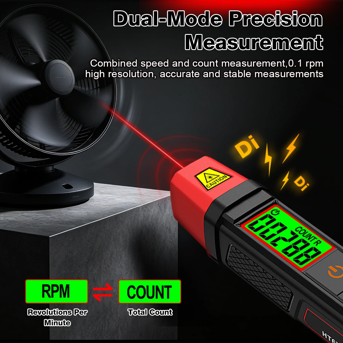 HT673 Stiftförmiger Laser-Tachometer Berührungsloser Drehzahlmesser 10-99999 U/min Dualer RPM- und Zählermodus 0,1 U/min Auflösung Digitaler Geschwindigkeitsmesser – Detail 9