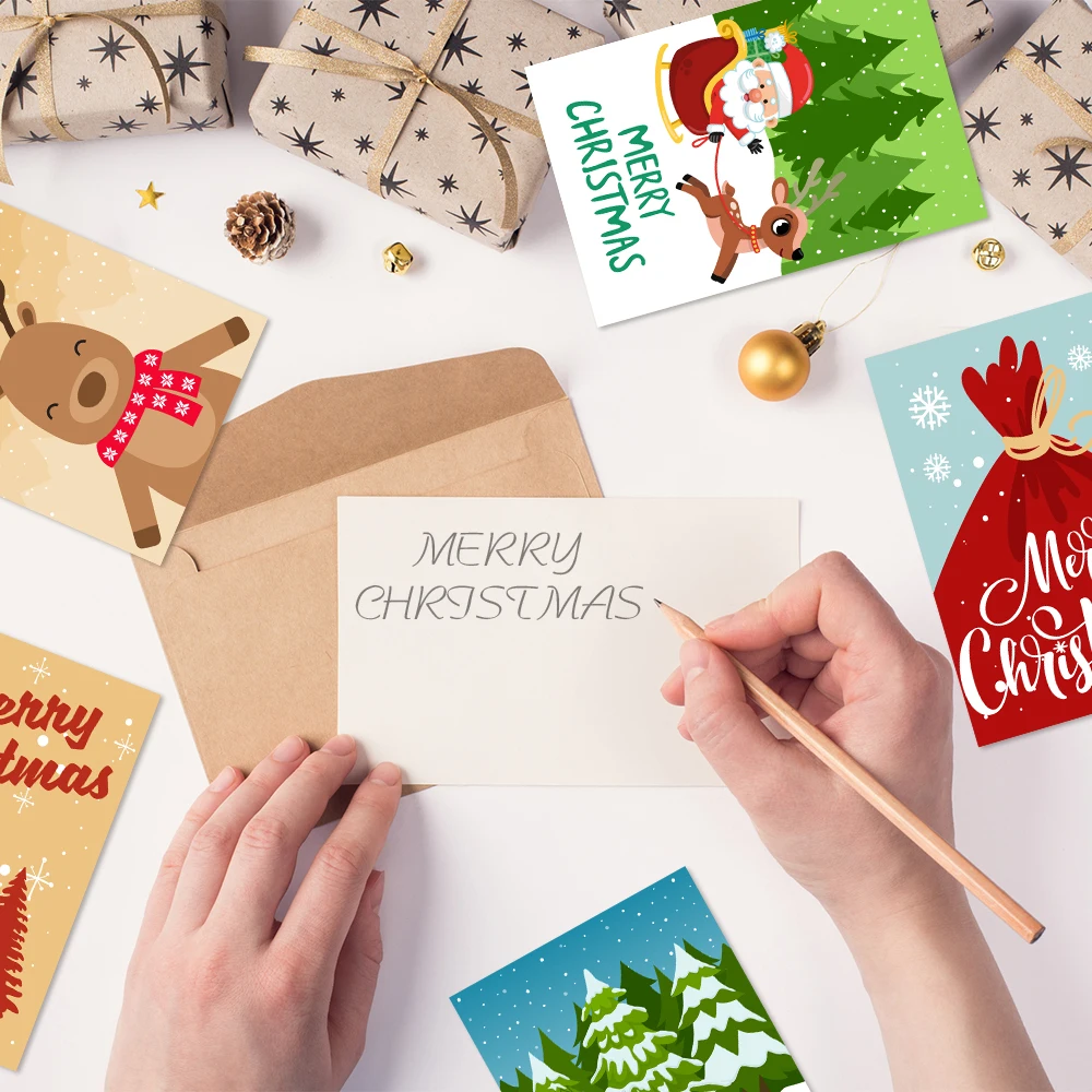 26pcs Merry Christmas Fold Small Greeting Cards with Envelopes Xmas Postcard Navidad New Year 2025 DIY Gift Card Decoration Noel