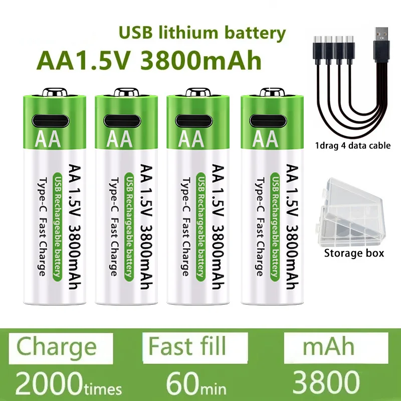 New 1.5V AA USB Rechargeable Battery 3800mAh Li-ion Battery for Remote Control Mouse Electric Toy Battery + Type-C Cable