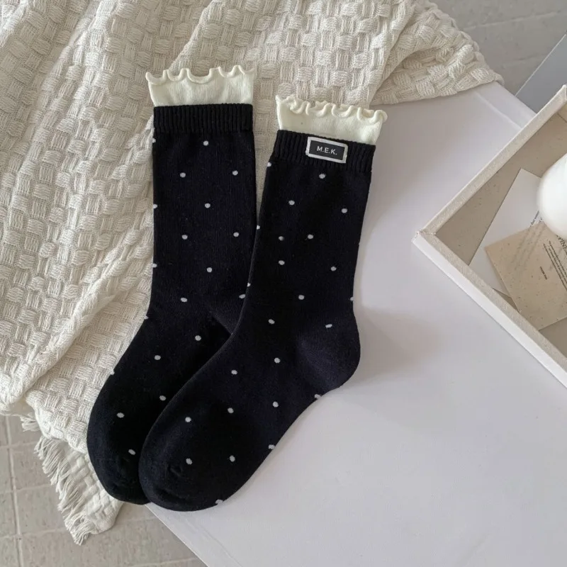 Socks For Women New Dots Cute Frilly Casual Fashion Long Socks Breathable Preppy Style Ladies Novelties Socks Cotton Soft Comfy