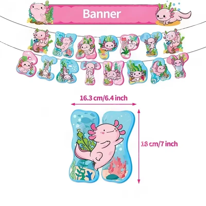 Rosa Salamander Geburtstagsparty-Zubehör Cartoon Axolotl Teller Becher Banner Luftballons für Kinderparty-Geschenke Babyparty Fotobox – Detail 7