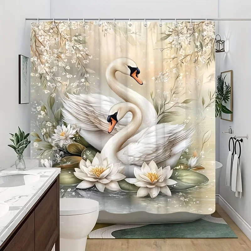 Elegant Swan and Lotus Floral Shower Curtain Bathroom Decor Waterproof Luxury Shower Curtain for Master Bath